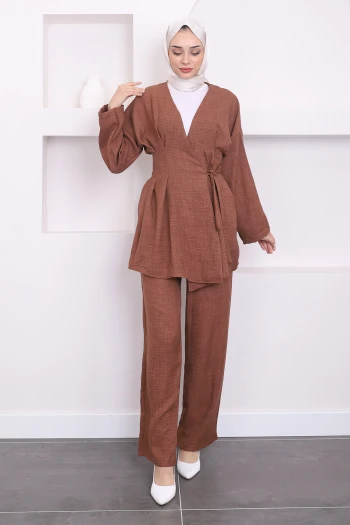 Kahverengi Çapraz Bağlamalı Keten Kimono Pantolon Takım
