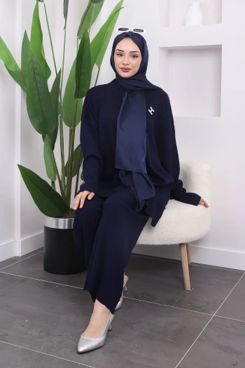 Lacivert Broşlu Triko Tunik Pantolon Takım