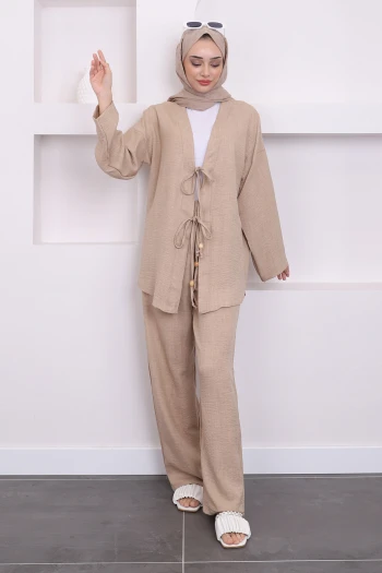 Bej Bağlamalı Keten Kimono Pantolon Takım