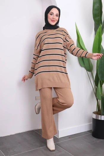 Bisküvi Çizgili Triko Tunik Pantolon Takım