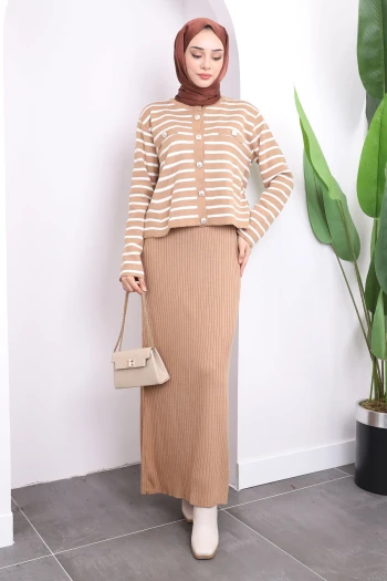 Bisküvi Crop Hırka Elbise İkili Kombin Triko Takım