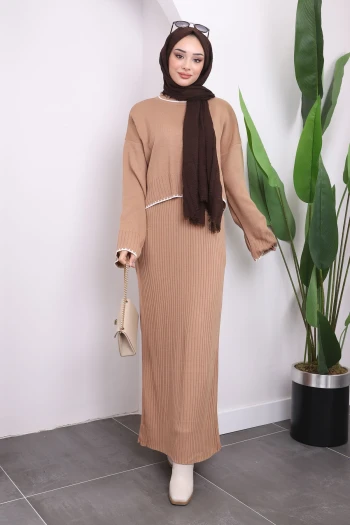 Bisküvi İkili Triko Elbiseli Kazak Takım