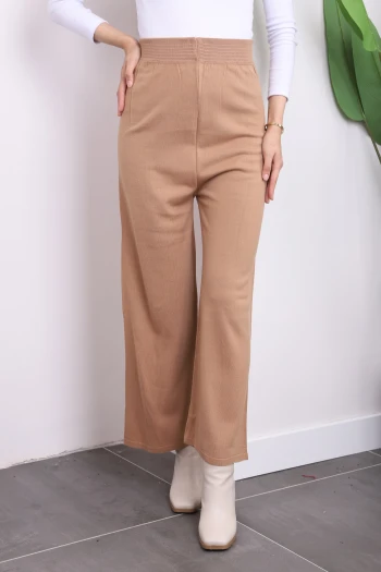 Bisküvi Yüksek Bel Bol Paça Triko Pantolon