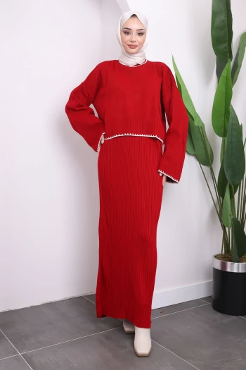 Bordo İkili Triko Elbiseli Kazak Takım