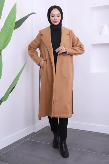 Camel Bel Kuşaklı Kaşe Kaban