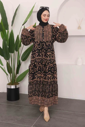 Camel Desenli Kol Lastikli Şifon Elbise