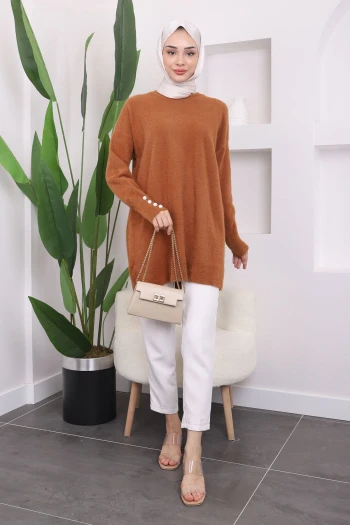 Camel Kol Düğmeli Yumoş Triko Tunik