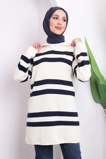 Çizgili Gofralı Triko Tunik