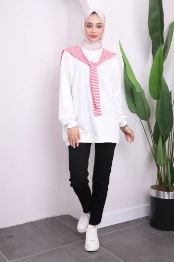 Ekru Atkı Detaylı İki İplik Sweat