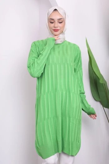 Fıstık Yeşili Bisiklet Yaka Merserize Salaş Triko Tunik