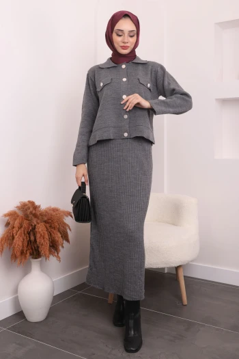 Füme Crop Ceket Elbise İkili Kombin Triko Takım