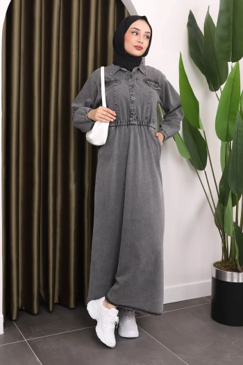 Füme Yaka Düğmeli Bel Lastikli Kot Elbise