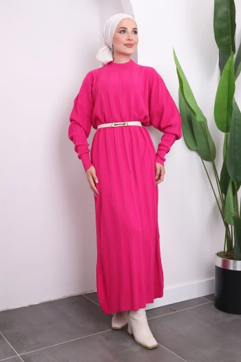 Fuşya Dik Yaka Merserize Triko Elbise