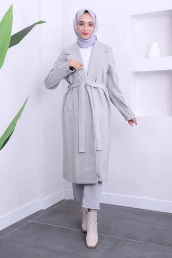 Gri Bel Kuşaklı Kaşe Kaban