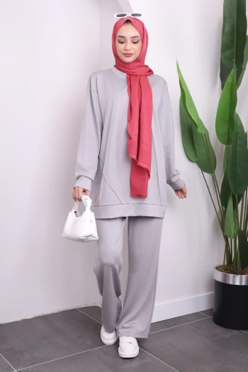 Gri Bisiklet Yaka Modal Tunik Pantolonlu Takım