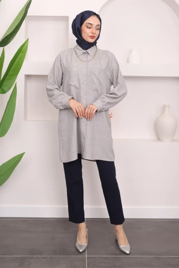 Gri Cepli Çizgili Gömlek