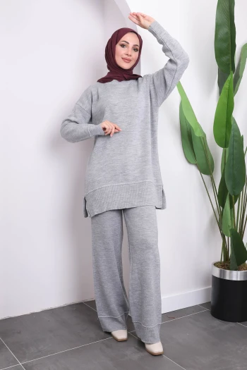 Gri Pantolonlu Triko Tunik Takım