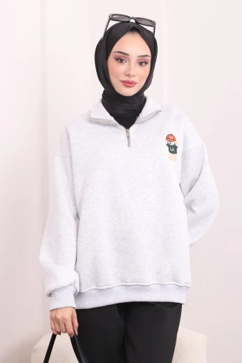 Gri Yaka Fermuarlı Şardonlu Üç İplik Sweat