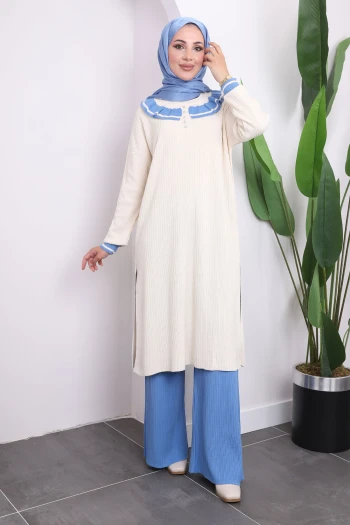 İndigo Bebe Yaka Tunik Pantolonlu İkili Triko Takım