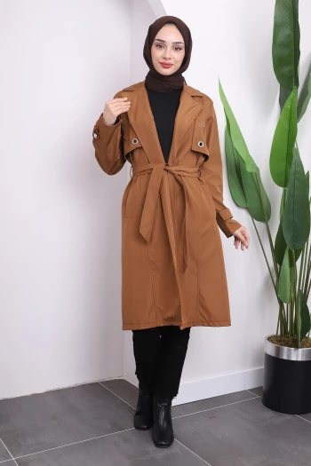 Kahve Bel Kuşaklı Kuşgözlü Trençkot