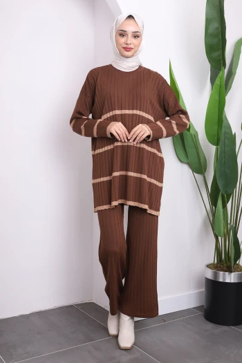 Kahverengi Çizgili Triko Tunik Pantolon İkili Takım