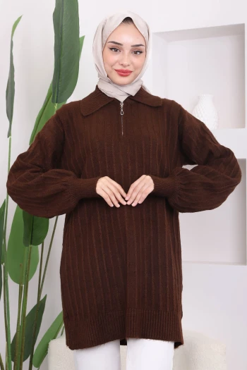 Kahverengi Fermuarlı Şardon Triko Tunik