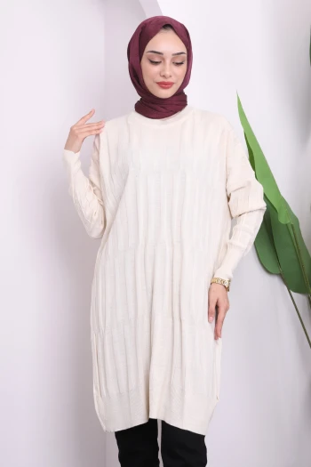 Krem Bisiklet Yaka Merserize Salaş Triko Tunik