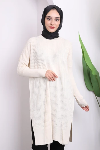 Krem Bisiklet Yaka Merserize Salaş Triko Tunik