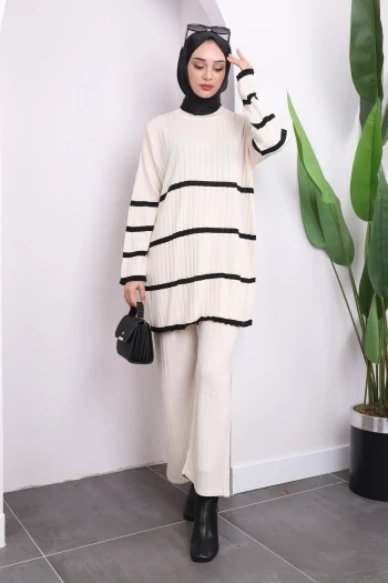 Krem Çizgili Triko Tunik Pantolon İkili Takım