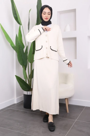 Krem Çoban Dikişli Etekli Triko Hırka Takım