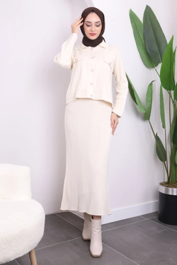 Krem Crop Ceket Elbise İkili Kombin Triko Takım