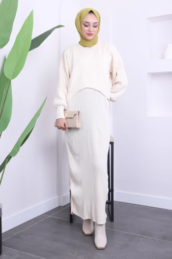 Krem Crop Kazak Triko Elbise İkili Kombin