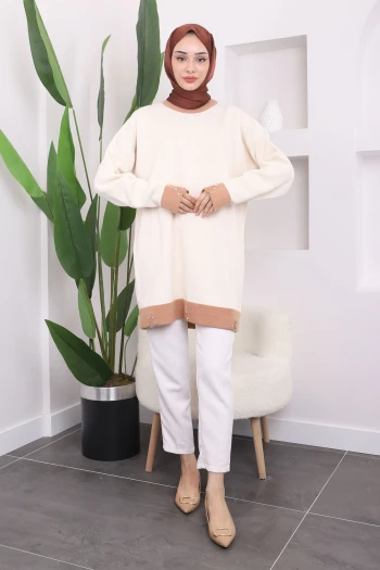 Krem Taş Detaylı Triko Tunik