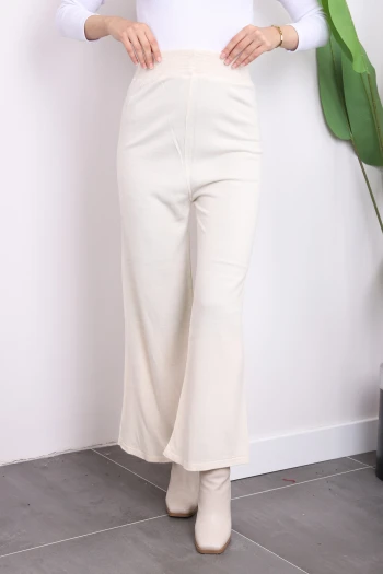 Krem Yüksek Bel Bol Paça Triko Pantolon