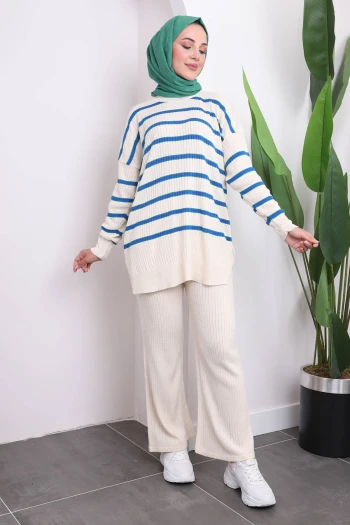 Krem/Mavi Çizgili Triko Tunik Pantolon Takım