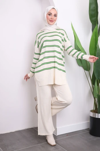 Krem/Mint Çizgili Triko Tunik Pantolon Takım