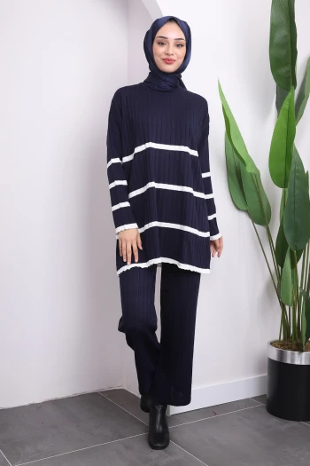 Lacivert Çizgili Triko Tunik Pantolon İkili Takım