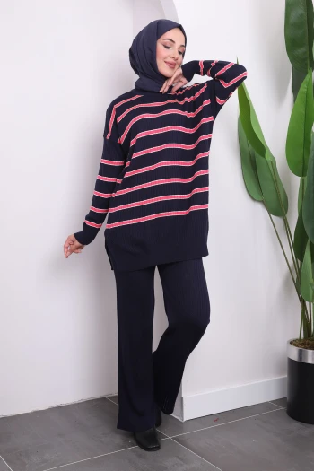 Lacivert Çizgili Triko Tunik Pantolon Takım