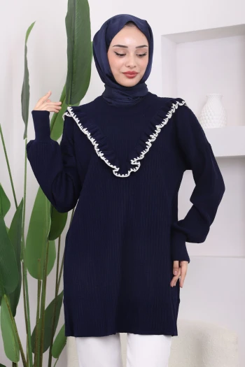 Lacivert Fırfırlı Fitilli Triko Tunik