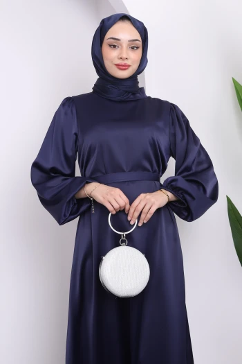 Lacivert Hakim Yaka Balon Kol Saten Elbise