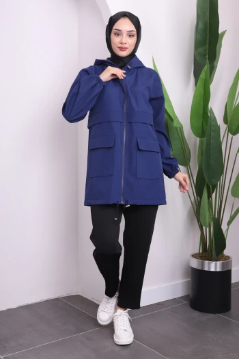 Lacivert Kapüşonlu Fermuarlı Kısa Trenç