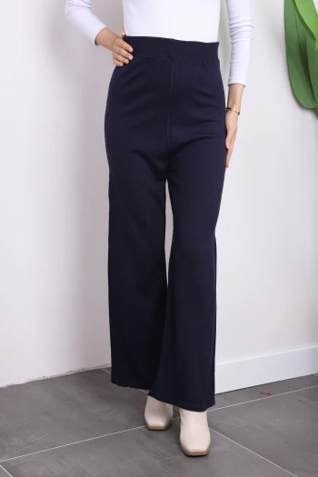 Lacivert Yüksek Bel Bol Paça Triko Pantolon