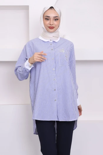 Mavi Cepli Taşlı Gömlek