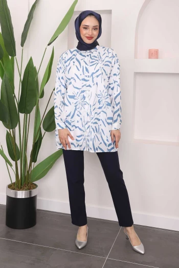 Mavi Desenli Moss Krep Gömlek