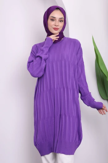 Mor Bisiklet Yaka Merserize Salaş Triko Tunik