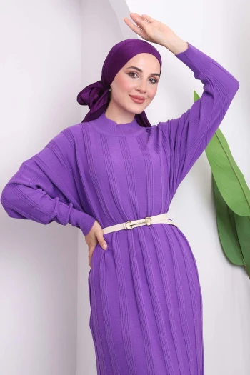 Mor Dik Yaka Merserize Triko Elbise