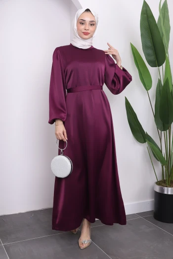 Mürdüm Hakim Yaka Balon Kol Saten Elbise