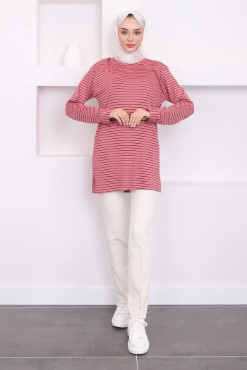 Pudra İnce Çizigli Tunik