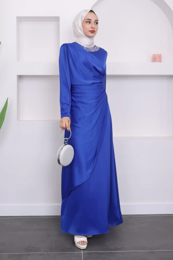 Saks Mavi Drapeli Taşlı Saten Abiye