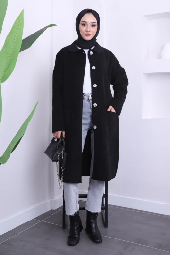 Siyah Angora Düğmeli Oversize Kaban